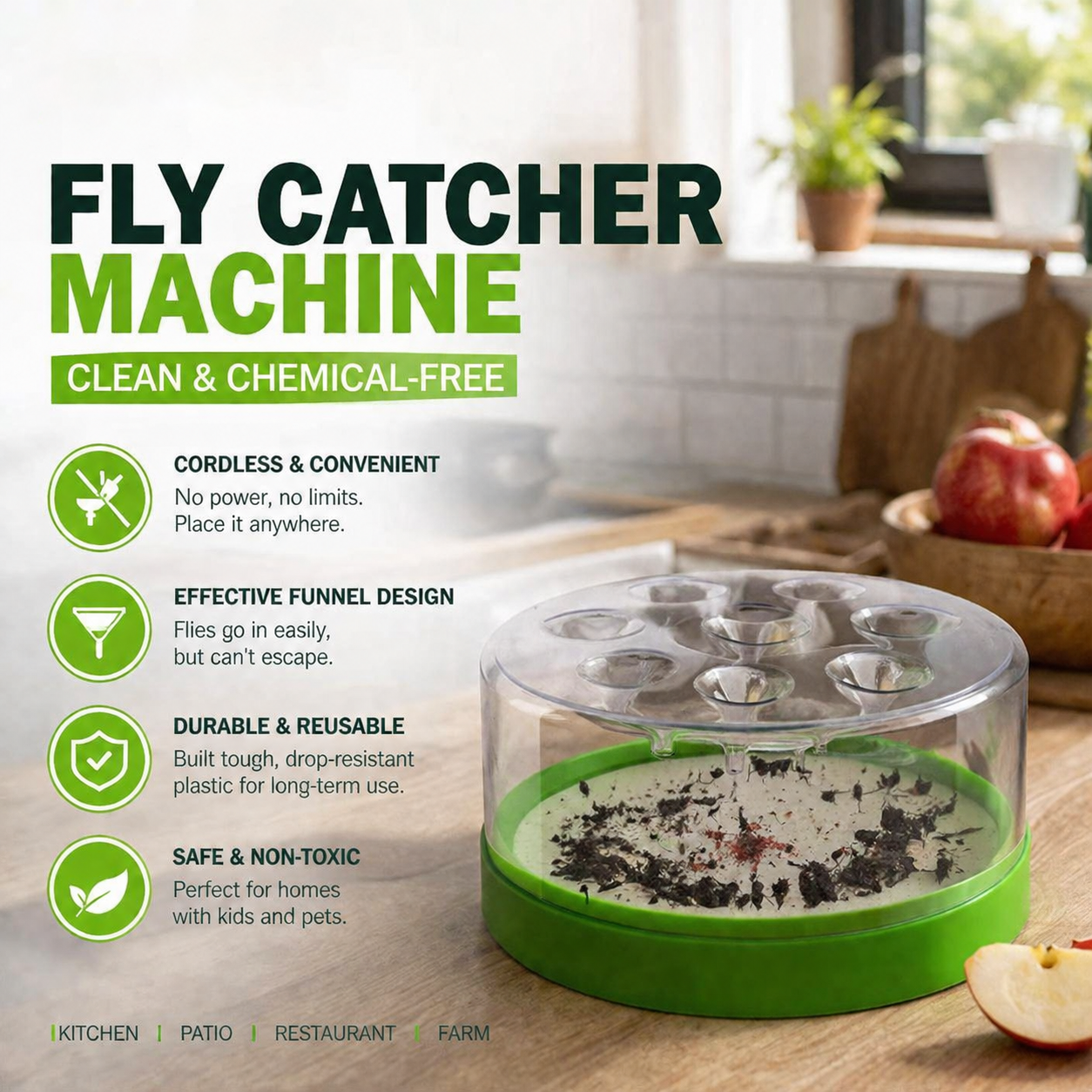 🔌✅ Reusable Fly Trap—no electricity, no poison! 🏠 Safe to use in the kitchen and around children and pets.