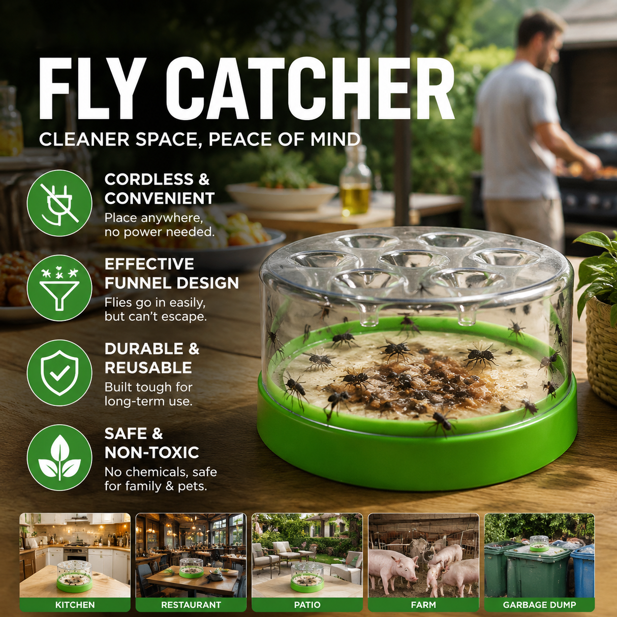 🔌✅ Reusable Fly Trap—no electricity, no poison! 🏠 Safe to use in the kitchen and around children and pets.