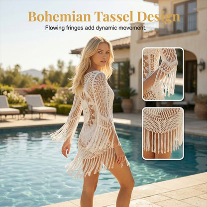 🌊🩱 Bohemian Crochet Beach Cover-Up with Tassels – Breathable, flowy & boho chic – perfect for poolside, sand or summer vacations – adjustable fit