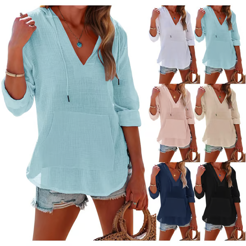 🌊SUMMER HOT SALE 50% OFF 💖Women's Solid V-Neck Long Sleeve Hooded Top with Pocket