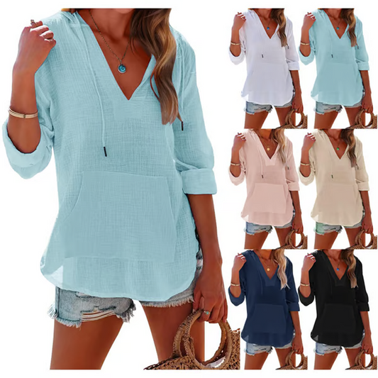🌊SUMMER HOT SALE 50% OFF 💖Women's Solid V-Neck Long Sleeve Hooded Top with Pocket