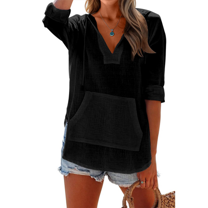 🌊SUMMER HOT SALE 50% OFF 💖Women's Solid V-Neck Long Sleeve Hooded Top with Pocket