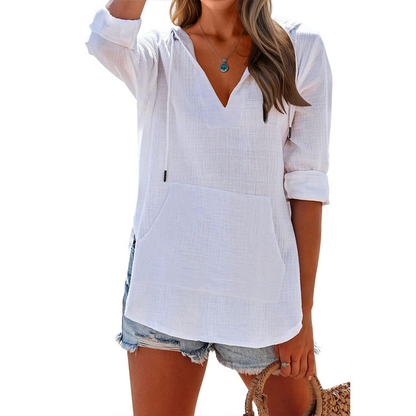 🌊SUMMER HOT SALE 50% OFF 💖Women's Solid V-Neck Long Sleeve Hooded Top with Pocket