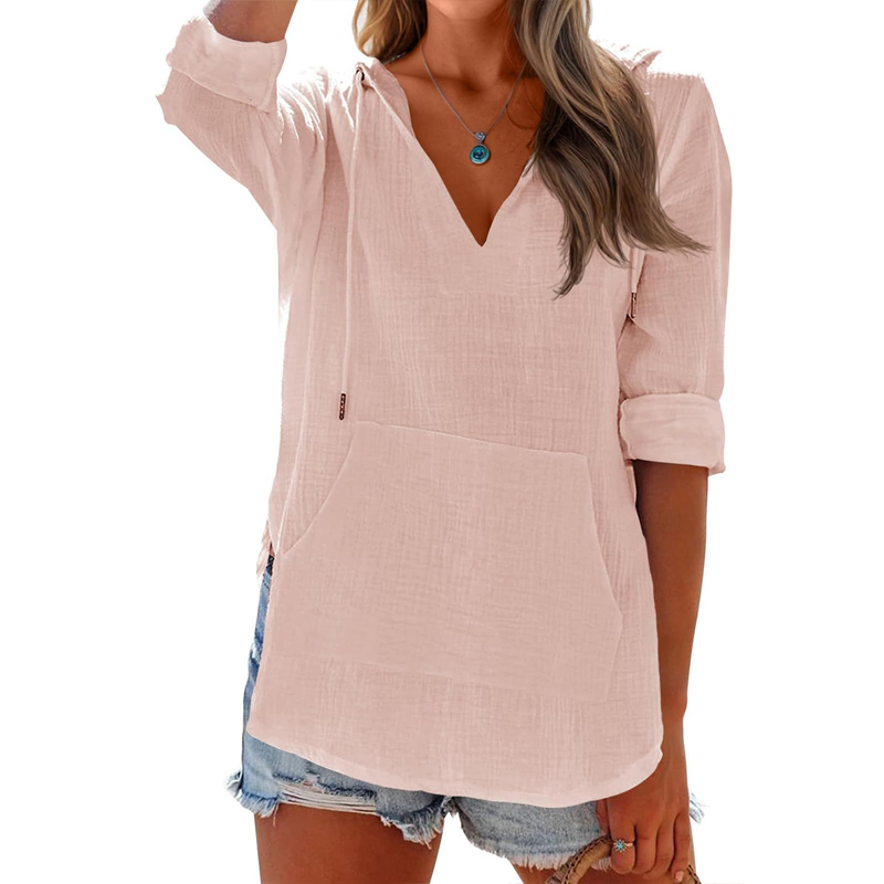 🌊SUMMER HOT SALE 50% OFF 💖Women's Solid V-Neck Long Sleeve Hooded Top with Pocket