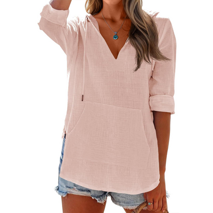 🌊SUMMER HOT SALE 50% OFF 💖Women's Solid V-Neck Long Sleeve Hooded Top with Pocket