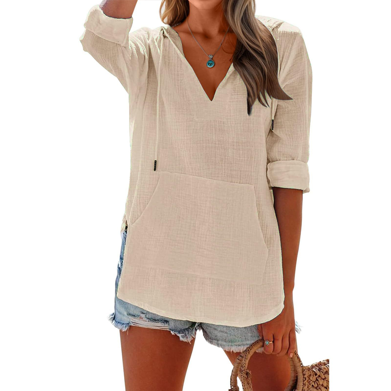 🌊SUMMER HOT SALE 50% OFF 💖Women's Solid V-Neck Long Sleeve Hooded Top with Pocket