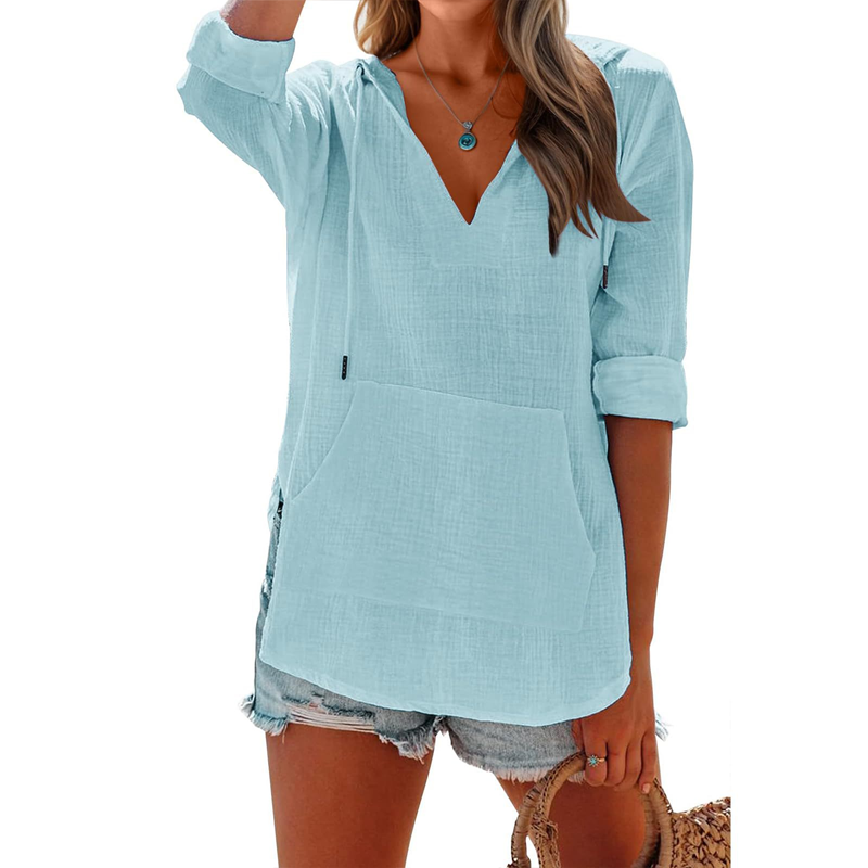 🌊SUMMER HOT SALE 50% OFF 💖Women's Solid V-Neck Long Sleeve Hooded Top with Pocket