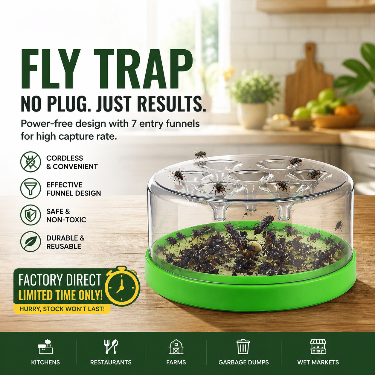 🔌✅ Reusable Fly Trap—no electricity, no poison! 🏠 Safe to use in the kitchen and around children and pets.