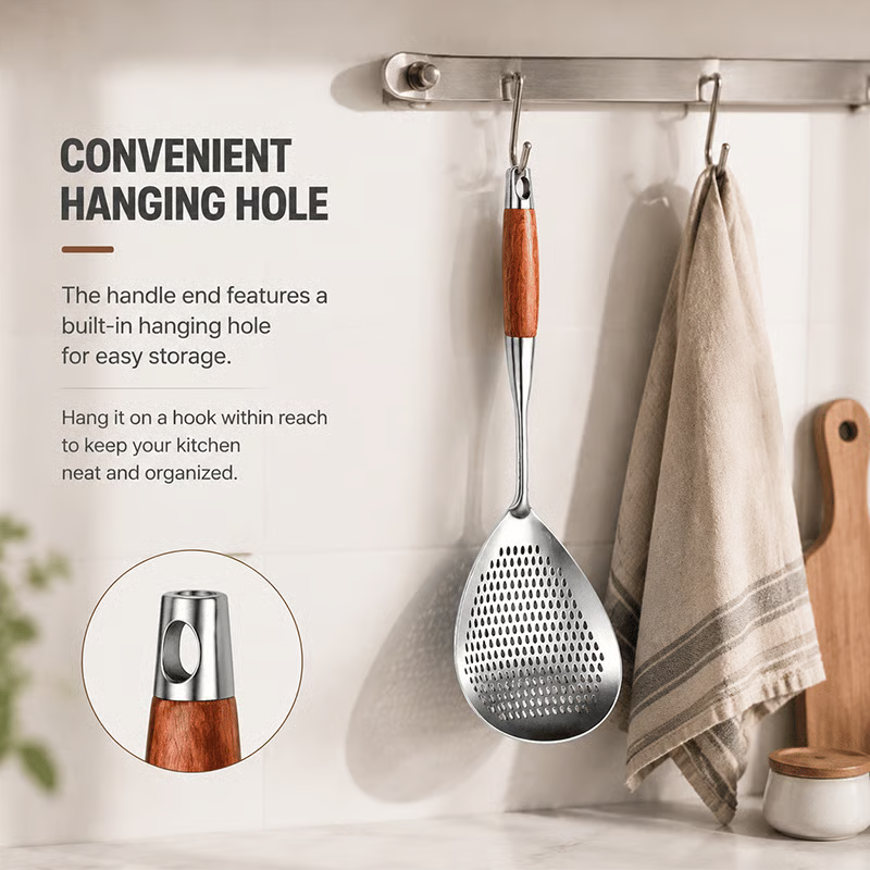 🔥 BUY 2 GET 1 FREE! 🥄 Premium Wooden Handle Stainless Steel Skimmer
