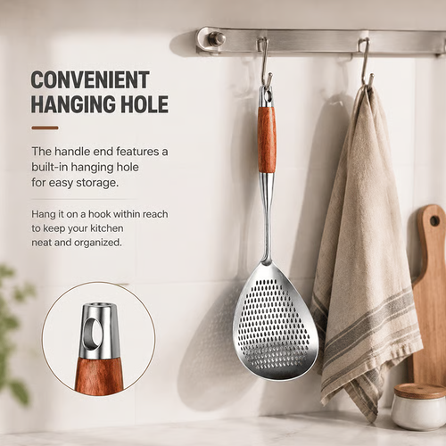 🔥 BUY 2 GET 1 FREE! 🥄 Premium Wooden Handle Stainless Steel Skimmer