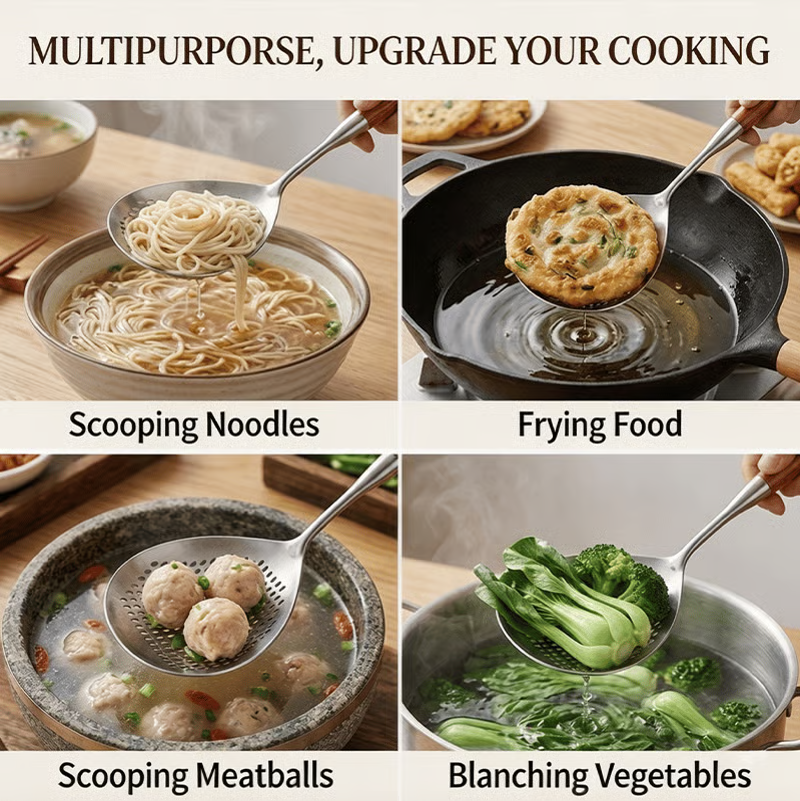 🔥 BUY 2 GET 1 FREE! 🥄 Premium Wooden Handle Stainless Steel Skimmer