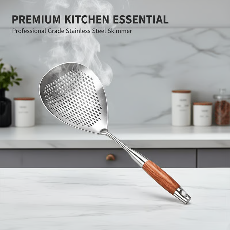 🔥 BUY 2 GET 1 FREE! 🥄 Premium Wooden Handle Stainless Steel Skimmer