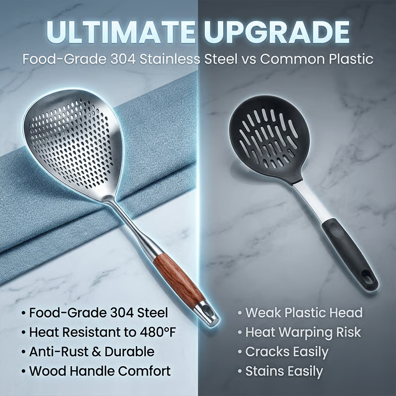 🔥 BUY 2 GET 1 FREE! 🥄 Premium Wooden Handle Stainless Steel Skimmer